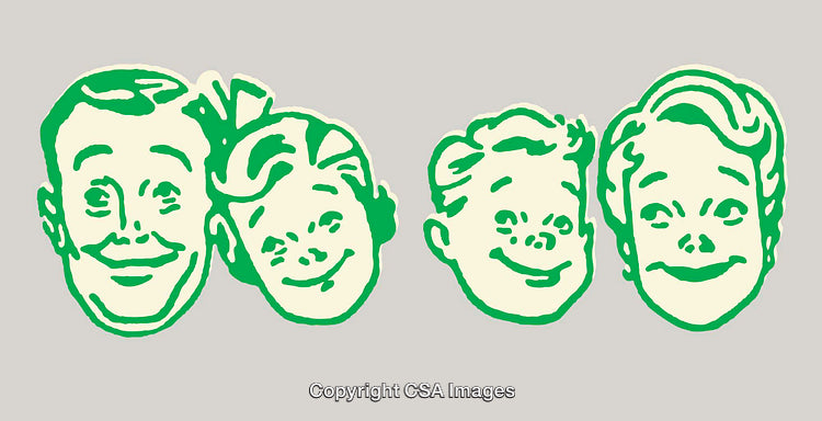 Retro Line Art Illustration of a Family's Smiling Faces in Green and White