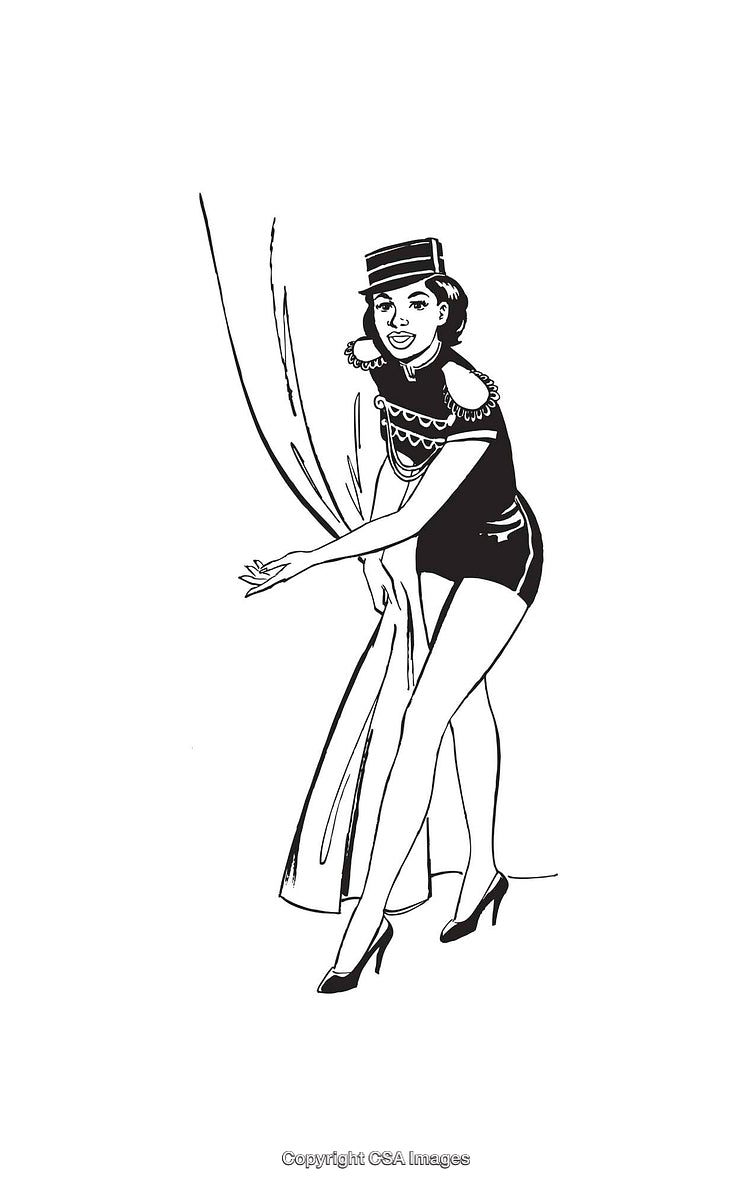 Vintage Black and White Line Art of a Performer Behind a Curtain