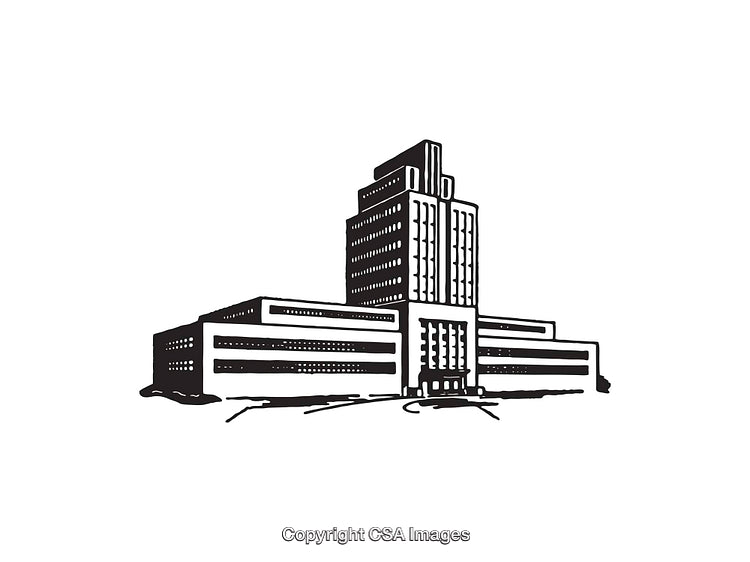 Black and White Illustration of a Modern Office Building