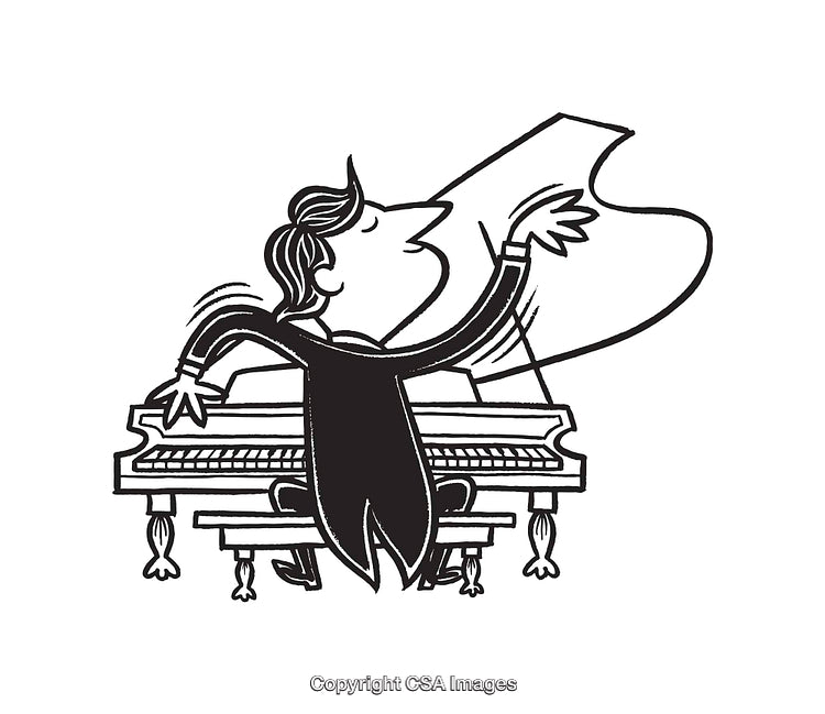Black and White Line Art of Pianist Performing on Grand Piano in Passion
