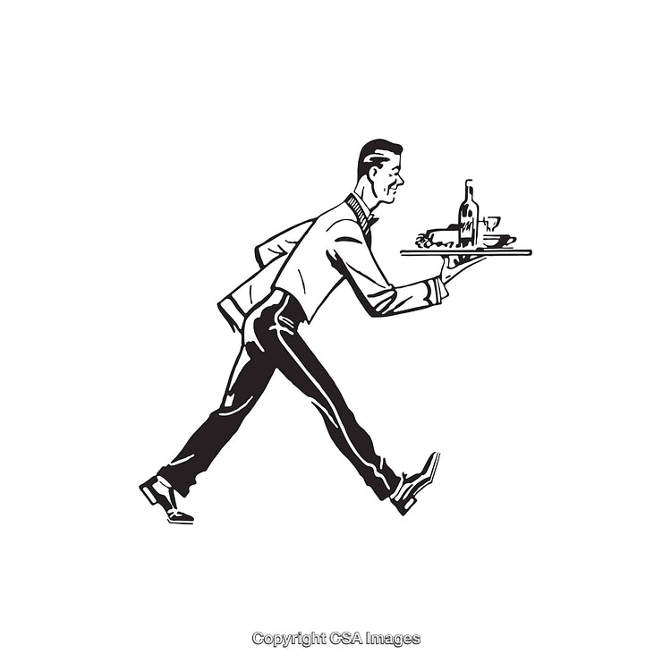 Vintage Illustration of a Waiter Rushing with a Serving Tray
