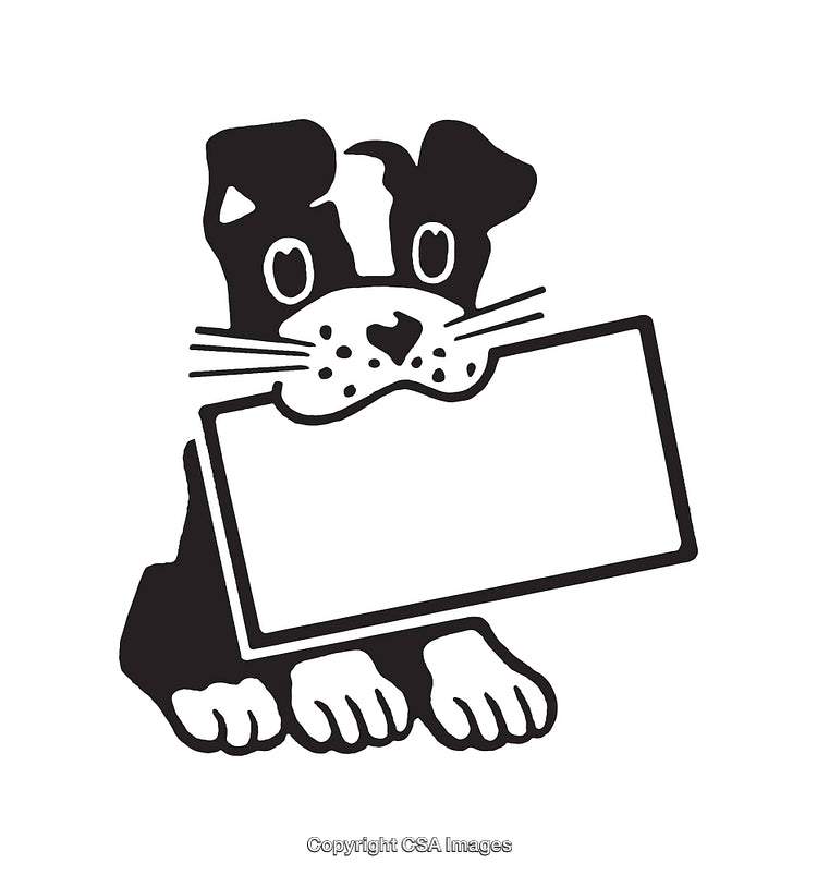 Black and White Line Art of a Dog Holding a Blank Sign