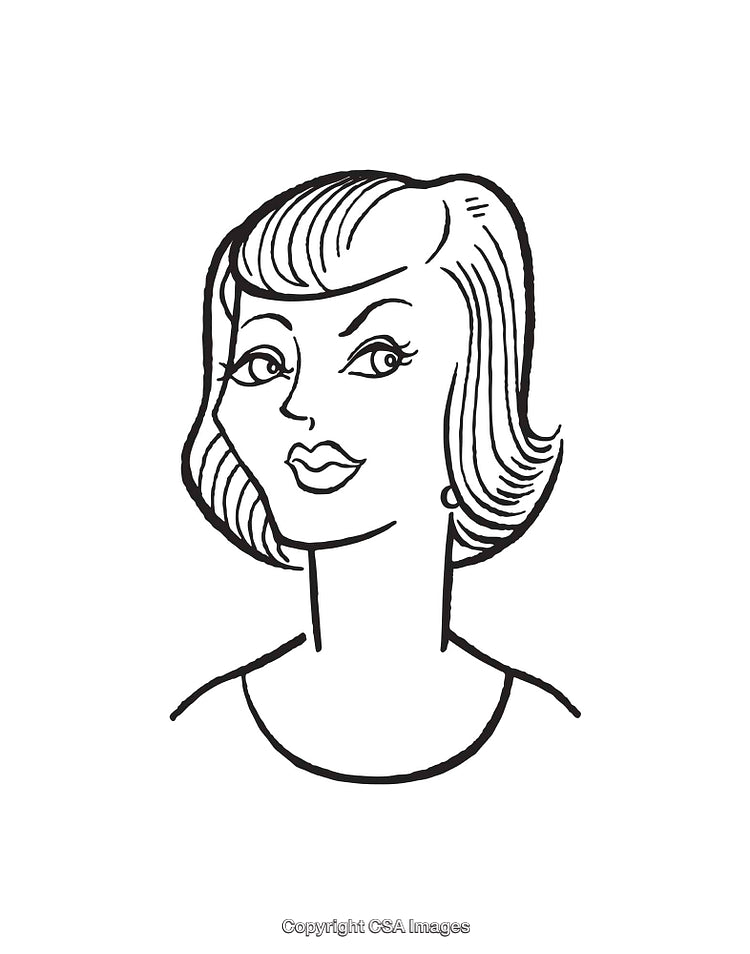 Illustration of a Woman in Retro Style Black and White Line Art