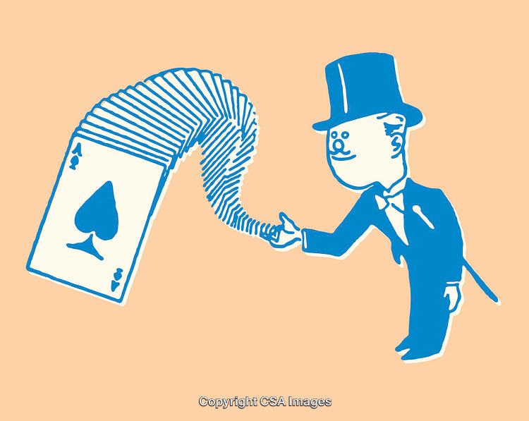Line Art Illustration of a Gentleman Performing a Card Trick