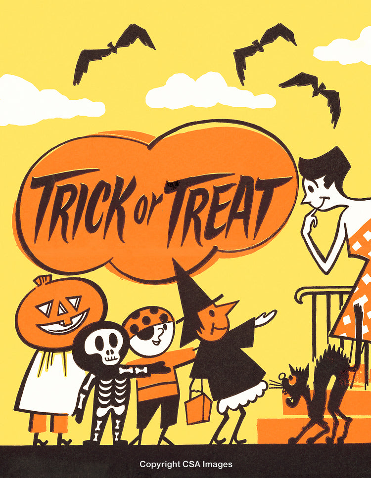 Vintage Halloween Scene with Trick-or-Treating Children and Festive Decorations