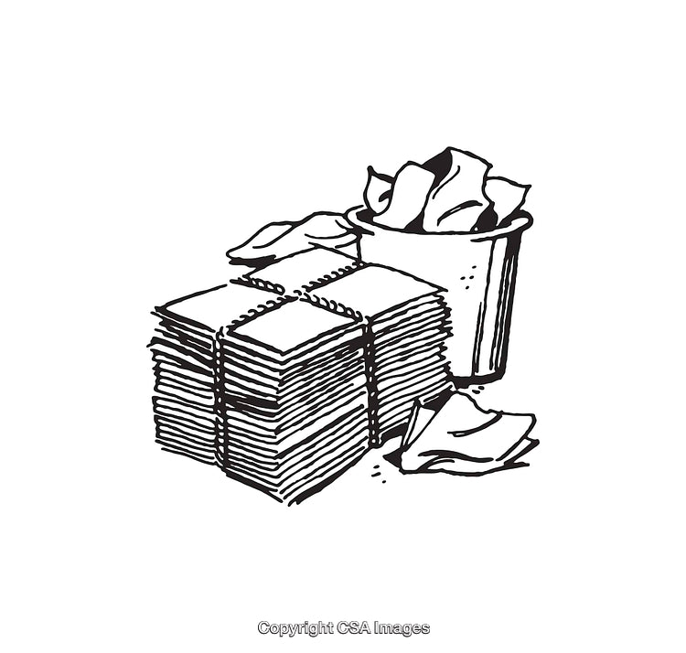 Illustration of Papers and a Trash Can in Black-and-White Line Art