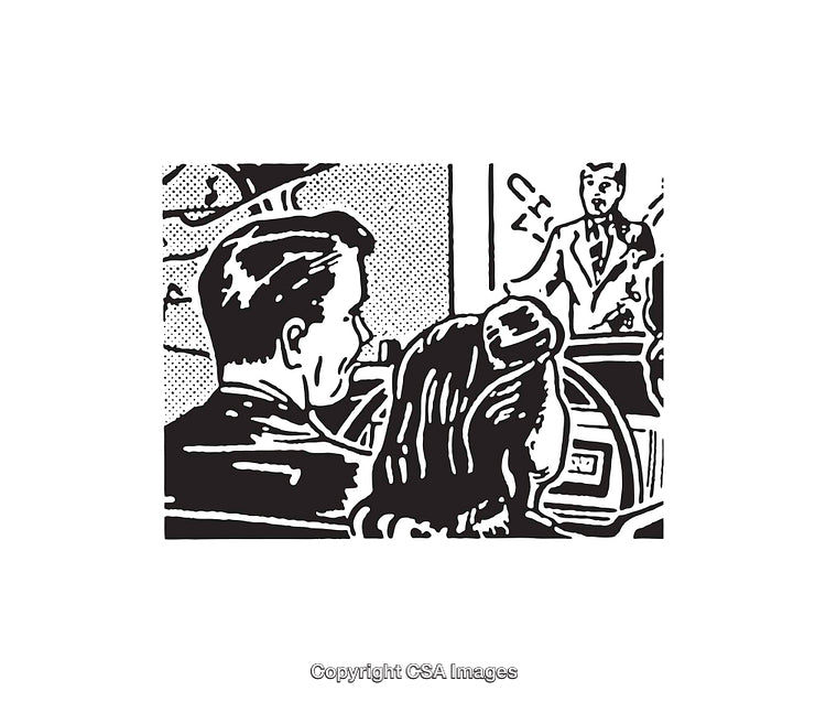Retro Line Art Illustration of a Couple Watching a Presenter On Stage