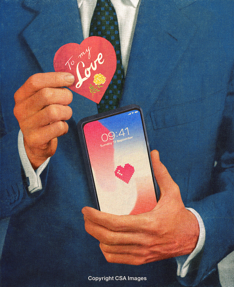 Man Presenting Heartfelt Card and Smartphone with Love-Themed Screen