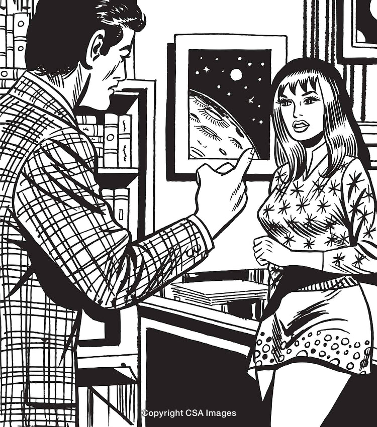 Retro Illustration Featuring Two Individuals in a Book-Filled Room