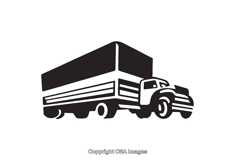 Black and White Line Art Illustration of a Large Cargo Truck