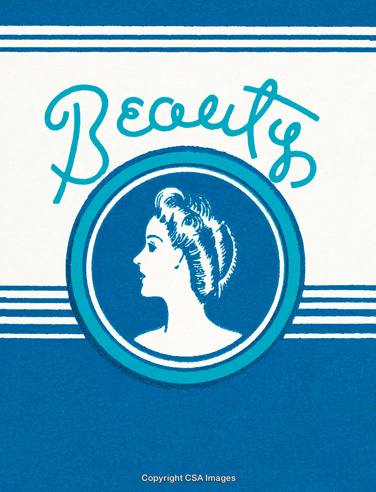 Vintage Illustration of a Woman with Script Reading 'Beauty' in Blue Tones