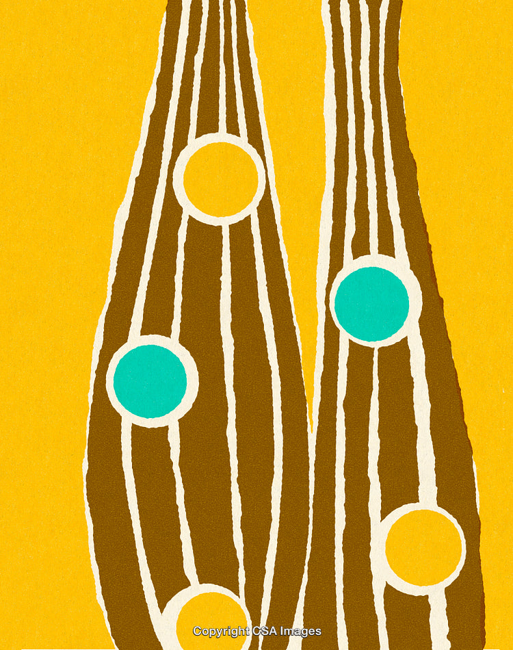 Abstract Artwork Featuring Brown Organic Shapes and Vibrant Circles on Yellow Background