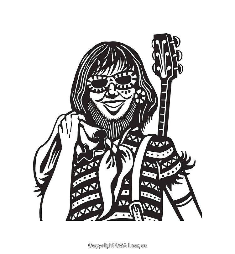 Black and White Line Art of a Guitarist with Tambourine