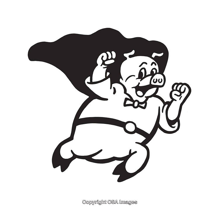 Black and White Line Art of a Flying Pig Character