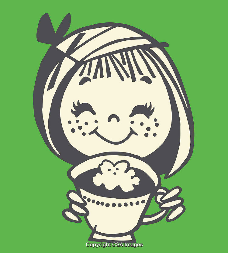 Vintage Cartoon of Smiling Girl Holding a Cup of Coffee in Hand
