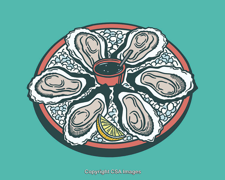 Illustrated Plate of Oysters with Lemon and Sauce on Vibrant Background