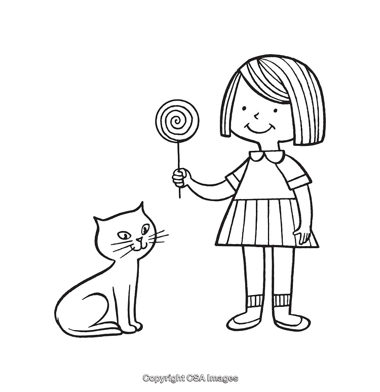 Black and White Illustration of a Girl Holding a Lollipop with a Cat