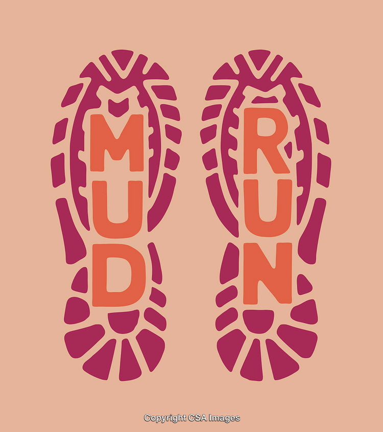 Bold Illustrated Mud Run Tread Design With Vibrant Pink and Orange Colors