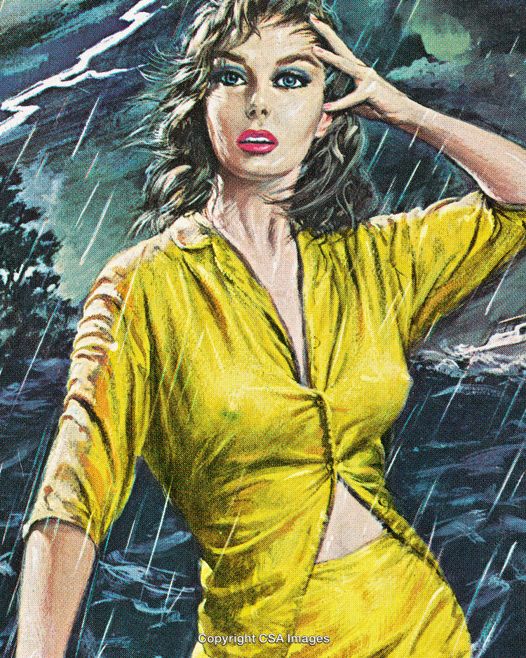 Dramatic Illustration of Woman in Yellow Outfit in Rainy Thunderstorm