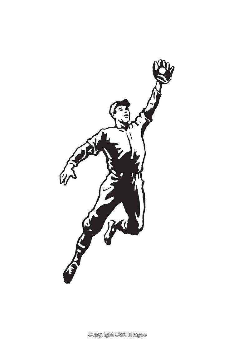 Black and White Line Art of a Baseball Player Catching a Ball
