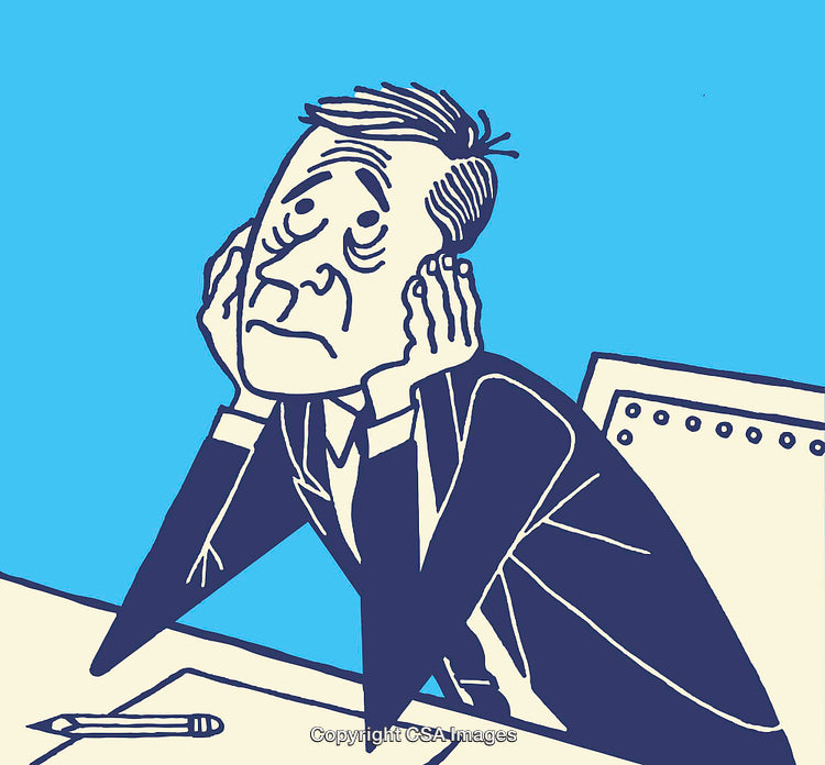 Cartoon Businessman Daydreaming at Desk With Pencil