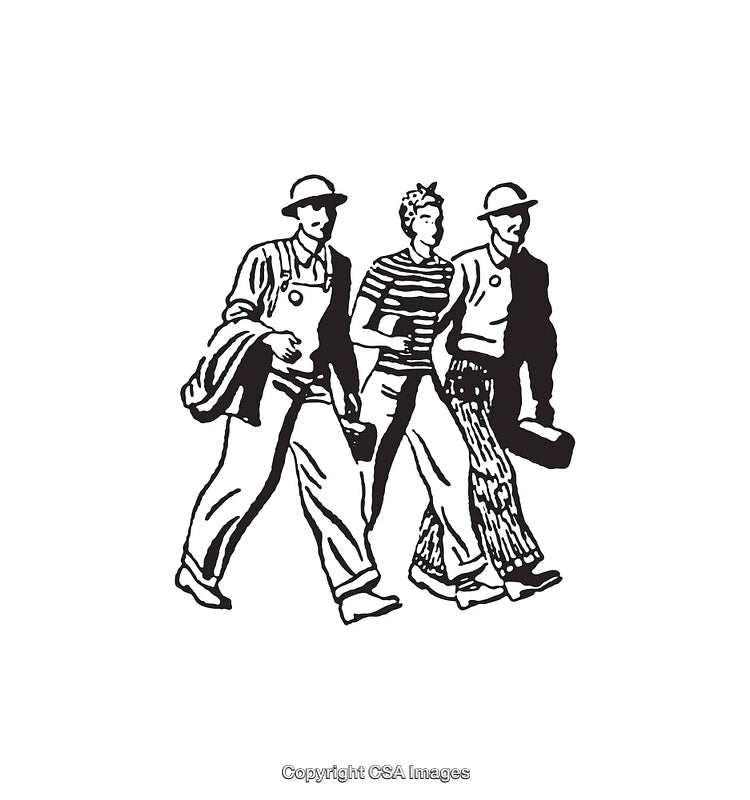 Three Individuals Walking Together Depicted in Black and White Line Art