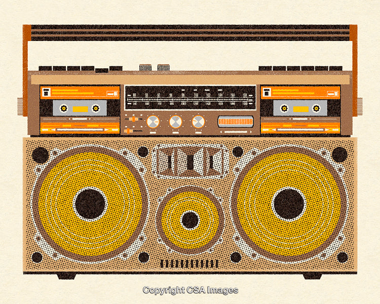 Retro Boombox Illustration with Yellow Speakers in Vintage Style