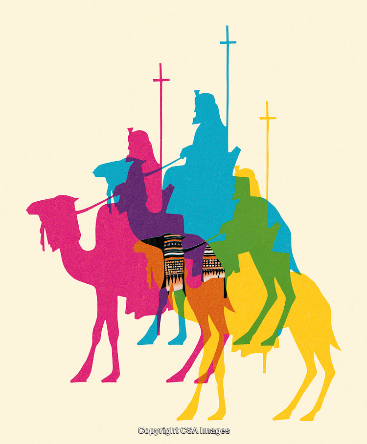 Colorful Silhouette Illustration of Three Wise Men on Camels