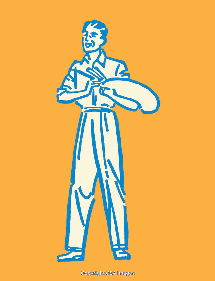 Vintage Line Art Illustration of a Smiling Individual on an Orange Background