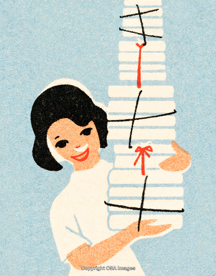 Smiling Woman Holding Tall Stack of Books on Light Blue Background