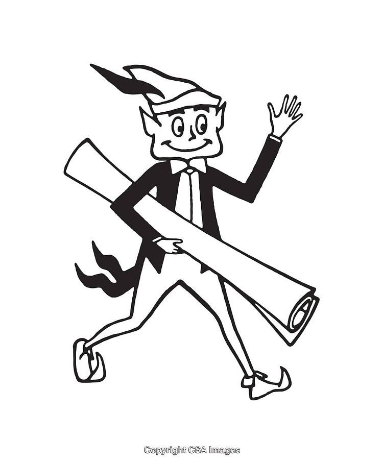 Black and White Illustration of a Stylish Elf Carrying a Scroll