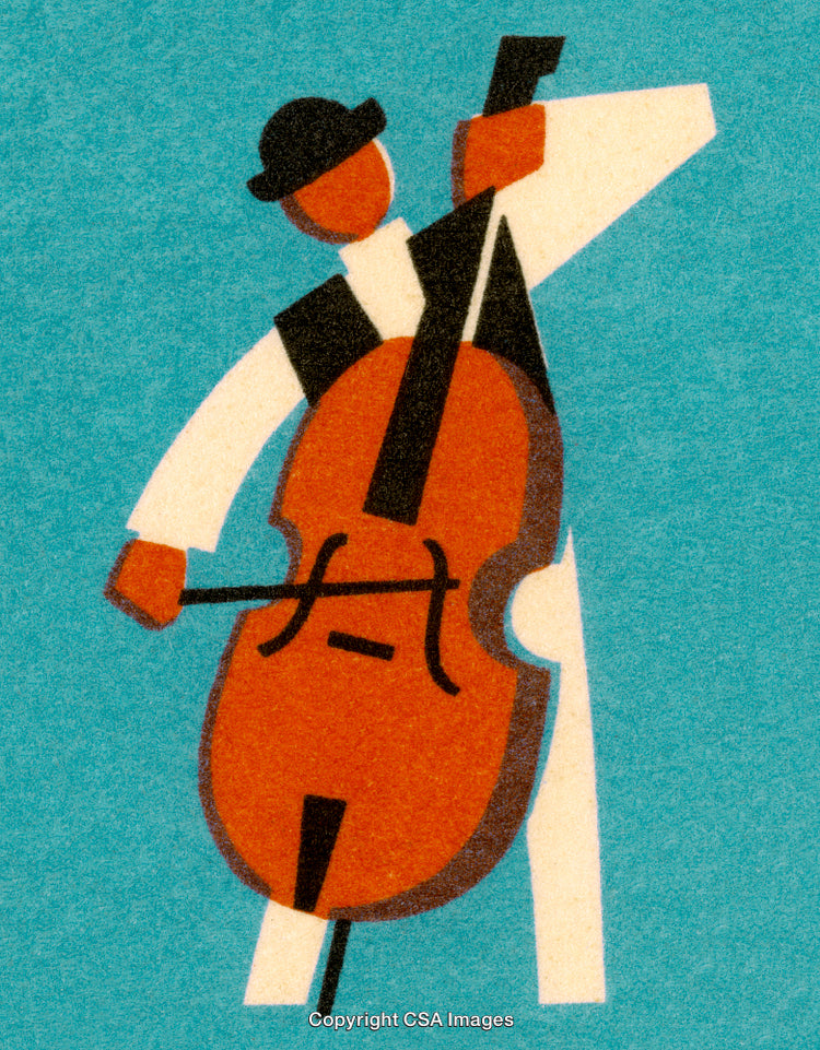 Minimalist Illustration of a Musician Playing a Cello on a Solid Blue Background