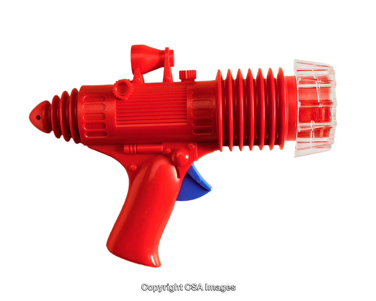 Closeup of a Red Plastic Toy Raygun with Futuristic Design