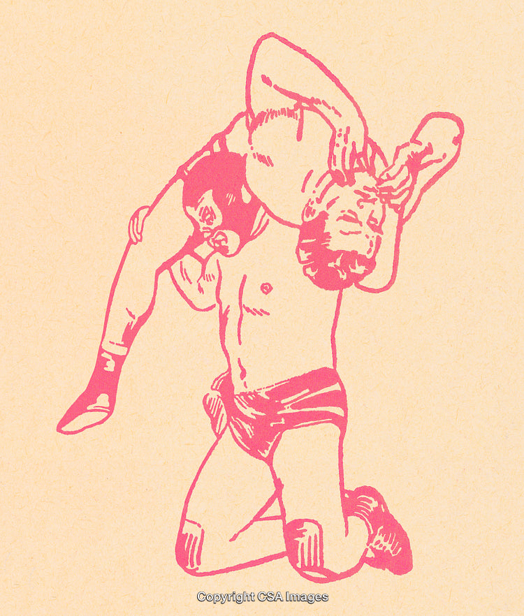 Vintage Illustration of Two Wrestlers in a Grappling Pose on Retro Background