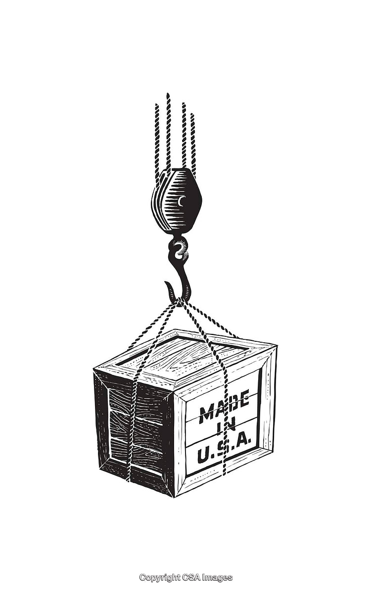 Black and White Vintage Illustration of a Crate Hoisted by Pulley