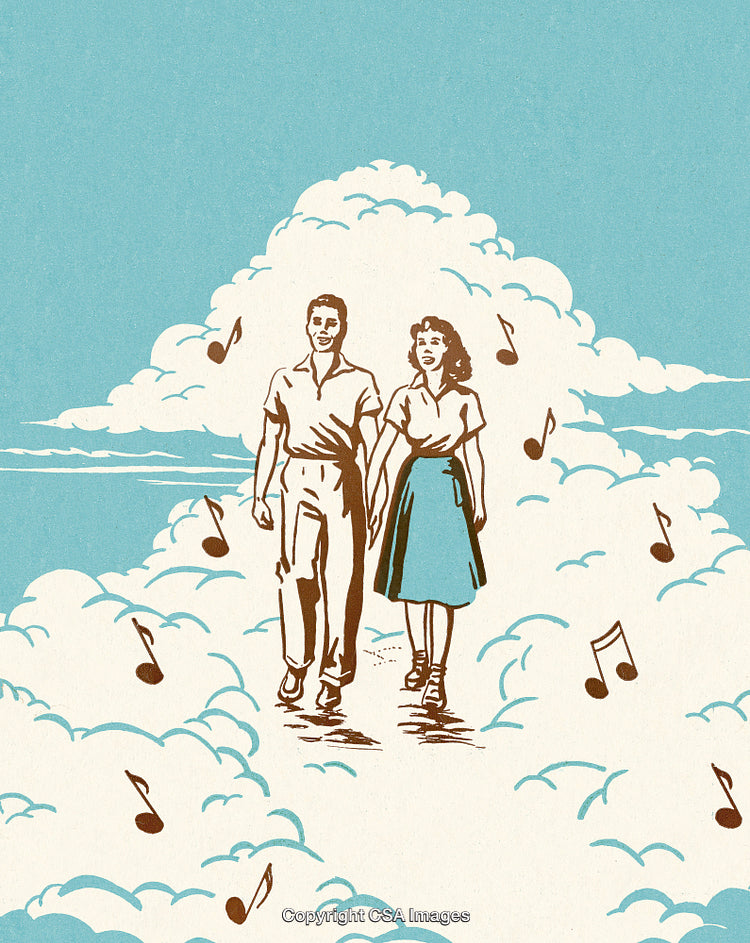 Couple Walking Among Clouds With Musical Notes in Retro Style