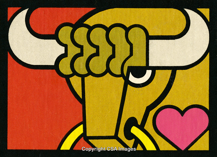 Bold Modern Art of Stylized Bull with Heart Accent on Red Background