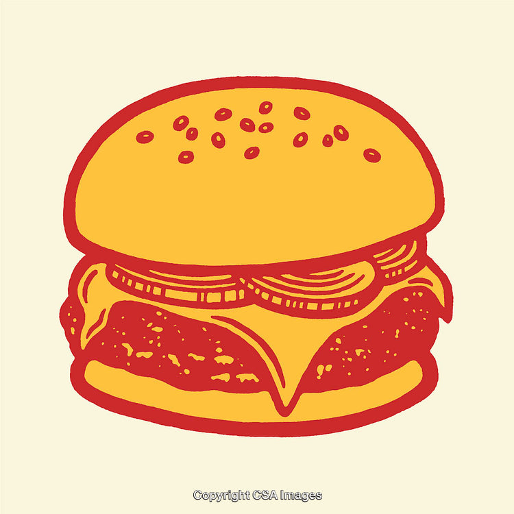 Colorful Line Art Illustration of a Cheeseburger With Sesame Seed Bun