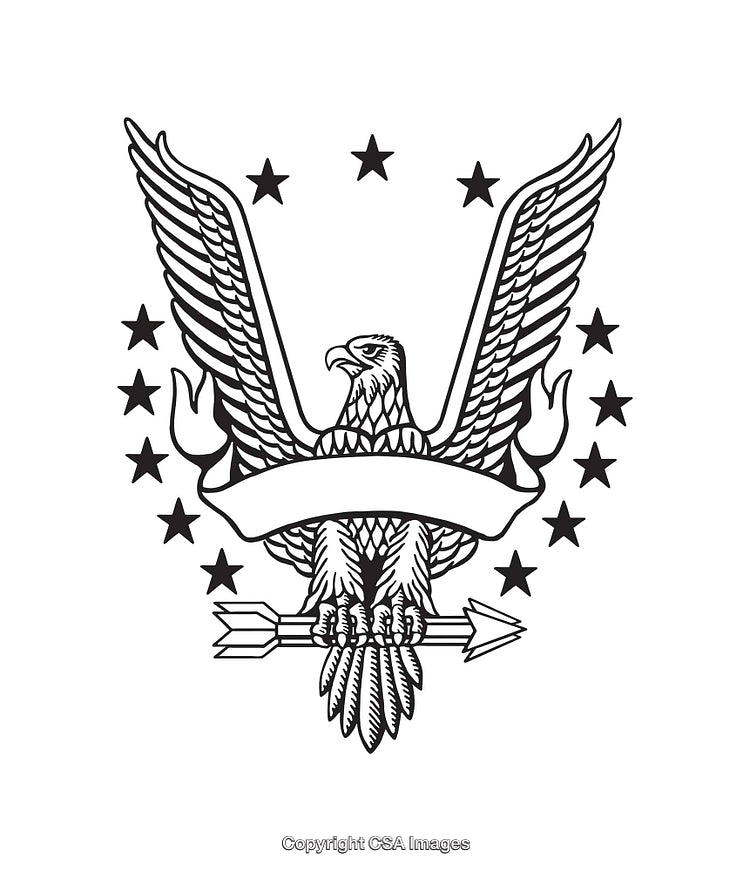 Black and White Eagle Emblem with Stars and Banner Design