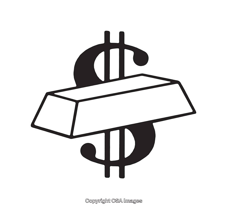 Black and White Illustration of a Gold Bar Over a Dollar Symbol