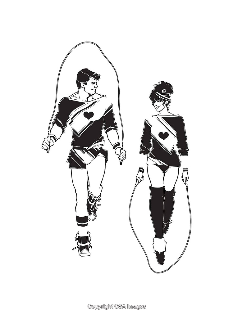 Black And White Illustration of People Jumping Rope in Playful Outfits