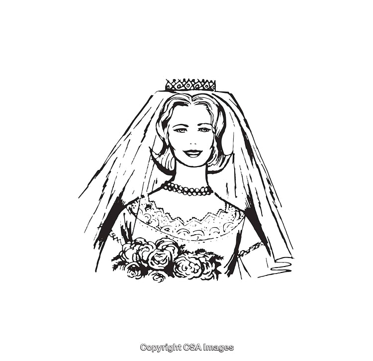 Vintage Illustration of a Bride in Wedding Attire Holding a Bouquet of Flowers