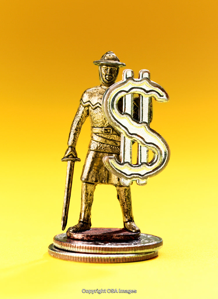 Golden Toy Figure Holding Money Symbol on a Yellow Background