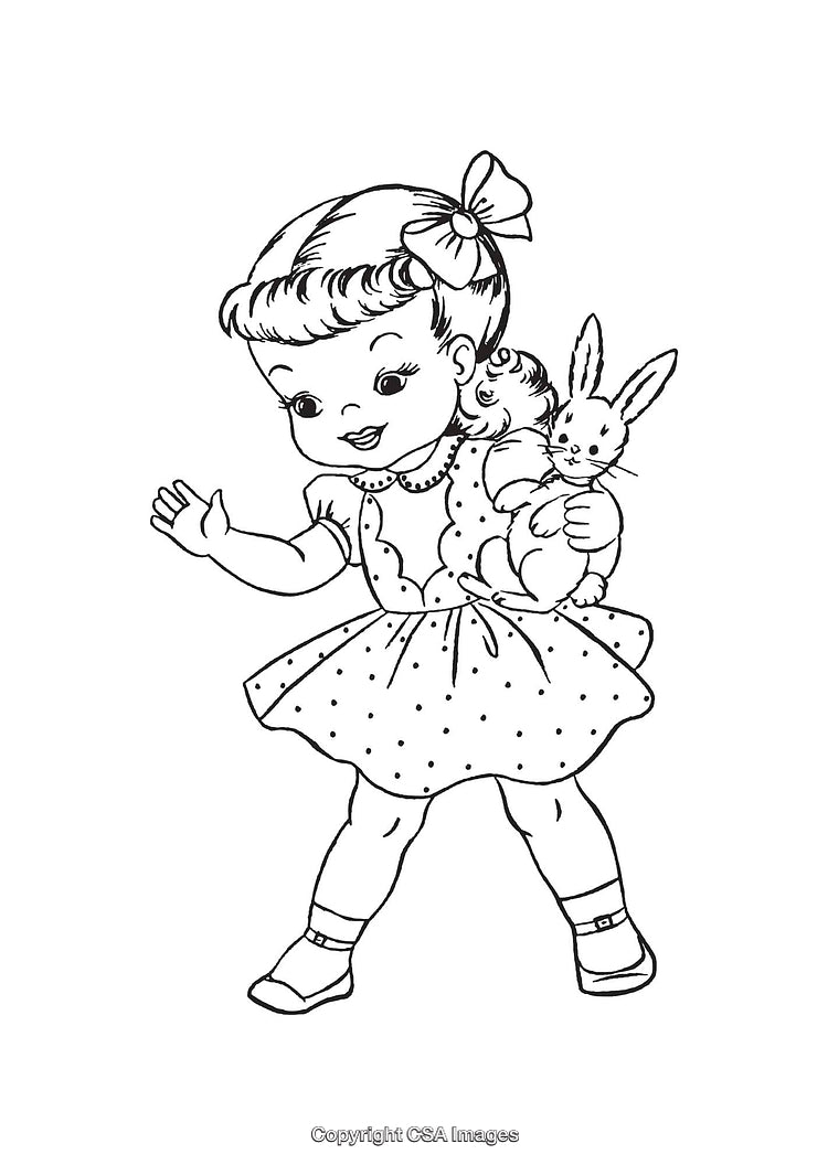 Adorable Illustration of Girl Holding Bunny in Black and White Line Art