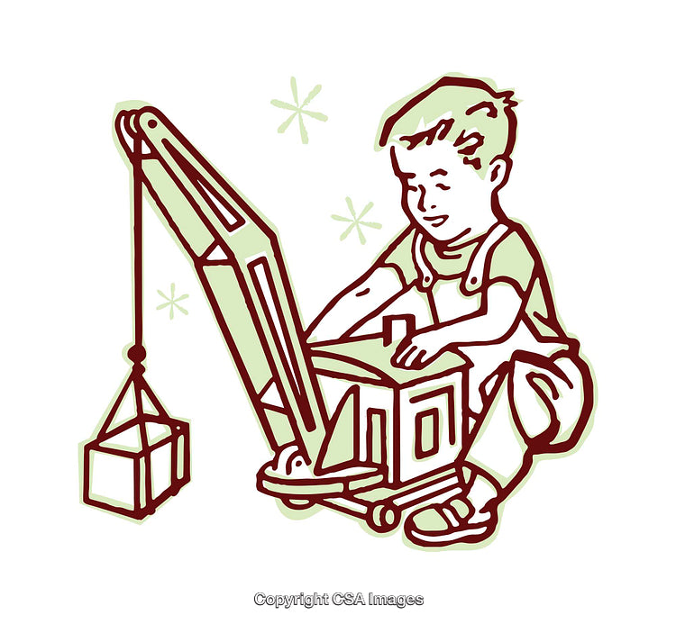 Illustration of a Child Playing With a Toy Crane in Vintage Style
