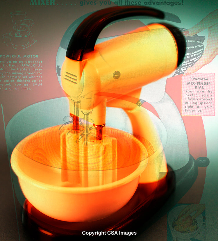 Artistic Collage of Vintage Mixer Figures and Retro Design Elements