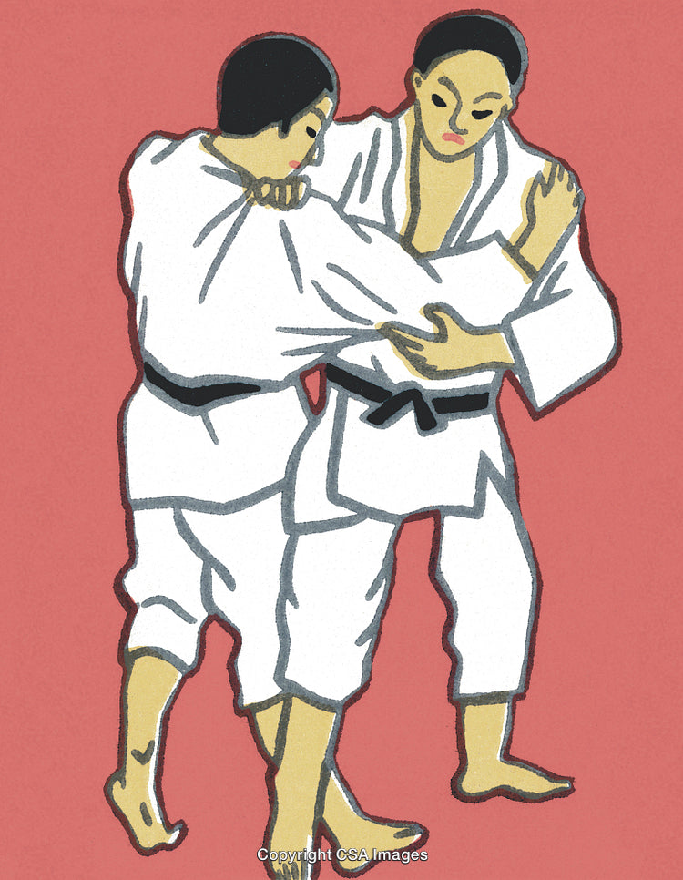 Two Martial Artists Practicing Judo Techniques in a Colorful Illustrated Artwork