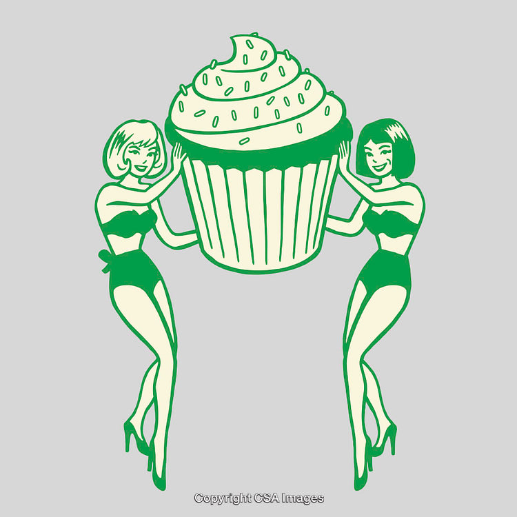 Color Illustration of Women with a Giant Cupcake on Green Background