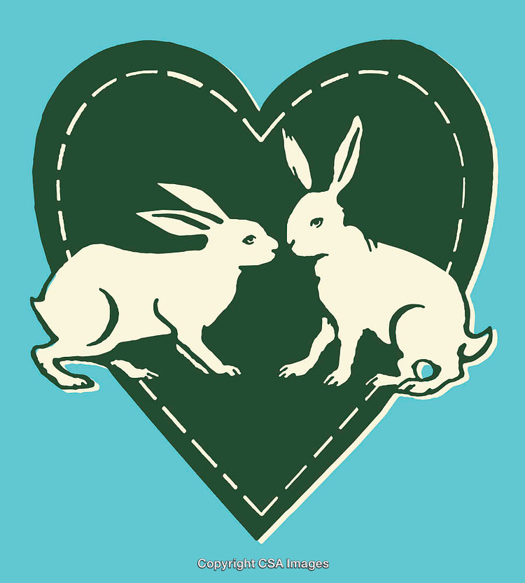 Silhouette of Two Rabbits in Green Heart Artwork on Blue Background