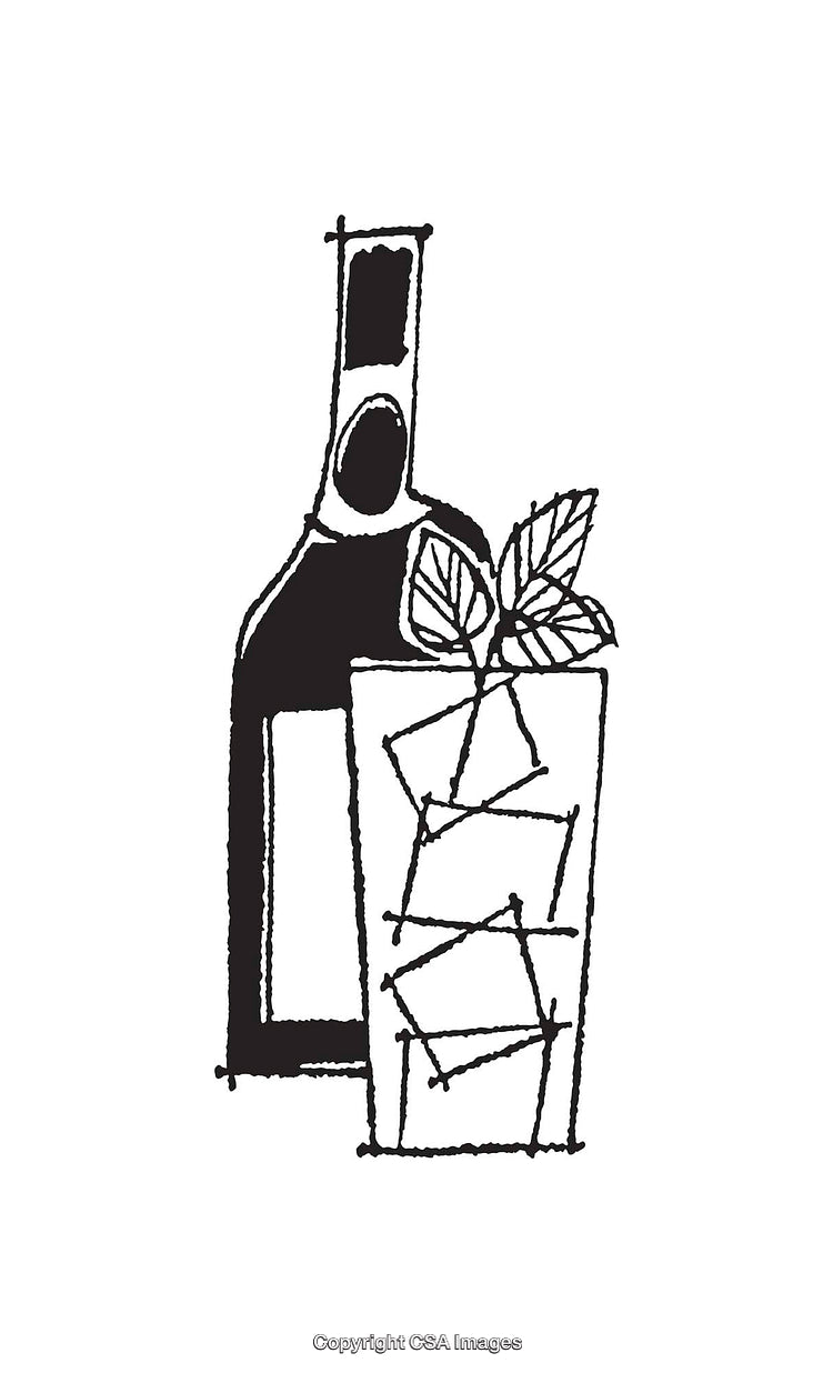 Black and White Line Art of Beverage and Bottle Scene